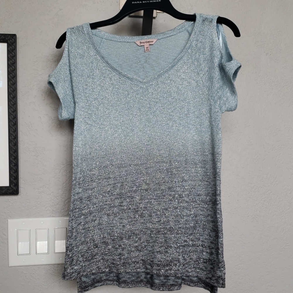 Juicy Couture sparkly blue & gray slit shoulder T